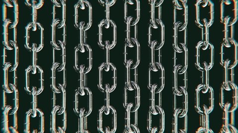 Realistic looping graded 3D animation of the rotating scratched grimy vertical steel chains