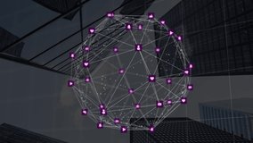 Animation of network of connections with icons over cityscape. business, networking, connections, technology and digital interface concept digitally generated video.