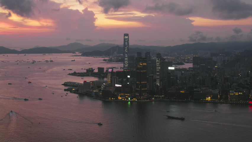 Aug 2021: Hong Kong ,China ,Asia: Drone aerial view of Hong Kong skyline in sunset hour