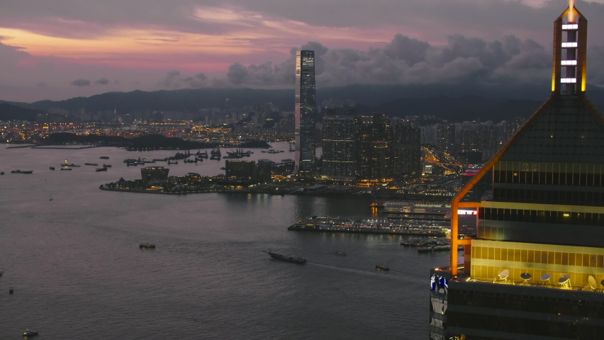 Aug 2021: Hong Kong ,China ,Asia: Drone aerial view of Hong Kong skyline in sunset hour