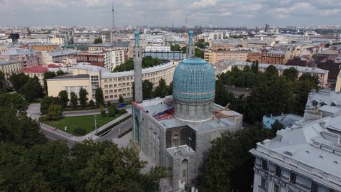 Flight on a copter over the domes of the Cathedral Mosque in St. Petersburg. 