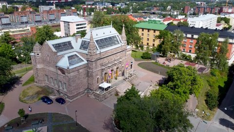 Turku, Finland - August 6, 2021: Circle aerial view on street with Turku Art Museum.