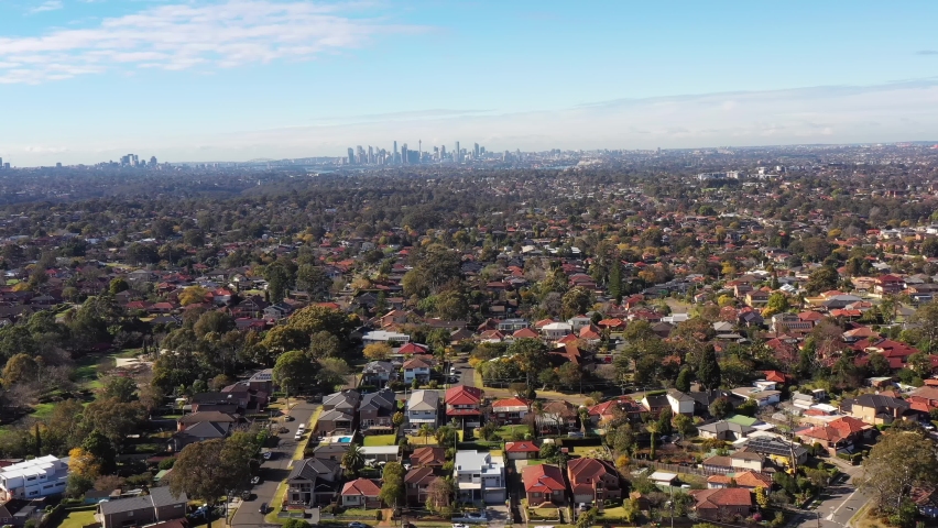 Long wide panorama of residential suburbs in City of Ryde – aerial 4k.
 | Shutterstock HD Video #1078304690