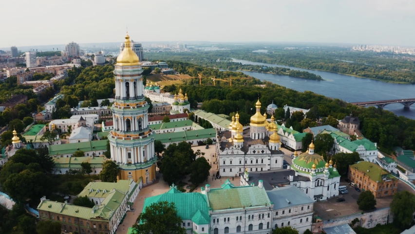 Magical aerial view of the Kiev Pechersk Lavra near the Motherland Monument. UNESCO world heritage in Kyiv, Ukraine. Kiev Monastery of the Caves.