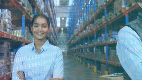 Animation of binary coding over smiling warehouse female and male workers. global shipping and connections concept digitally generated video.
