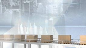 Animation of statistics processing over cardboard boxes on conveyor belt and cityscape. global shipping and connections concept digitally generated video. - Powered by Shutterstock - Get 15% off with code: PIKWIZARD15
