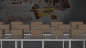 Animation of statistics processing over cardboard boxes on conveyor belts and cityscape. global shipping and connections concept digitally generated video.
