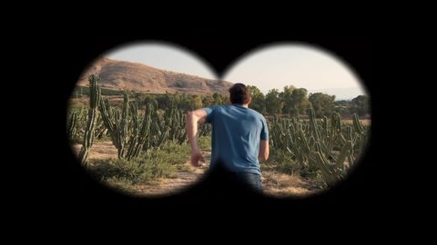 Guy running away. View through binoculars on Cactus field man trying to escape. wild west Desert  Israel. Kubo. Green prickly cactus Gymnocalycium or Golden Echinopsis calochlora cactus closeup.