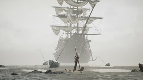 A medieval ship docked near a misty shore. The concept of maritime adventure in the Middle Ages. The animation is ideal for historical, educational, pirate and adventure backgrounds.