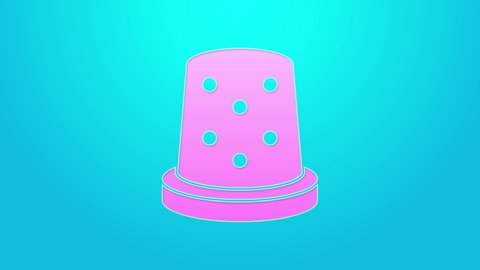 Pink line Thimble for sewing icon isolated on blue background. 4K Video motion graphic animation.