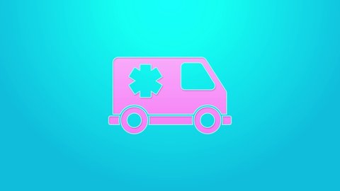 Pink line Ambulance and emergency car icon isolated on blue background. Ambulance vehicle medical evacuation. 4K Video motion graphic animation.