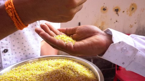 distributing yellow rice in hand during marathi wedding ceremony.