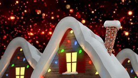Animation of snow falling over houses with fairy lights. christmas, tradition and celebration concept digitally generated video.