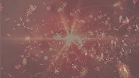 Animation of snow falling over fireworks and lights. christmas, tradition and celebration concept digitally generated video.
