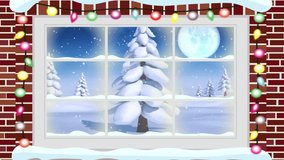 Animation of winter scenery with christmas decoration seen through window. christmas, tradition and celebration concept digitally generated video.