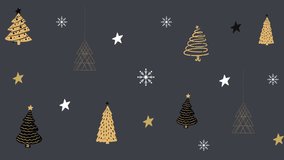 Animation of christmas trees and snowflakes on grey background now. christmas, tradition and celebration concept digitally generated video.