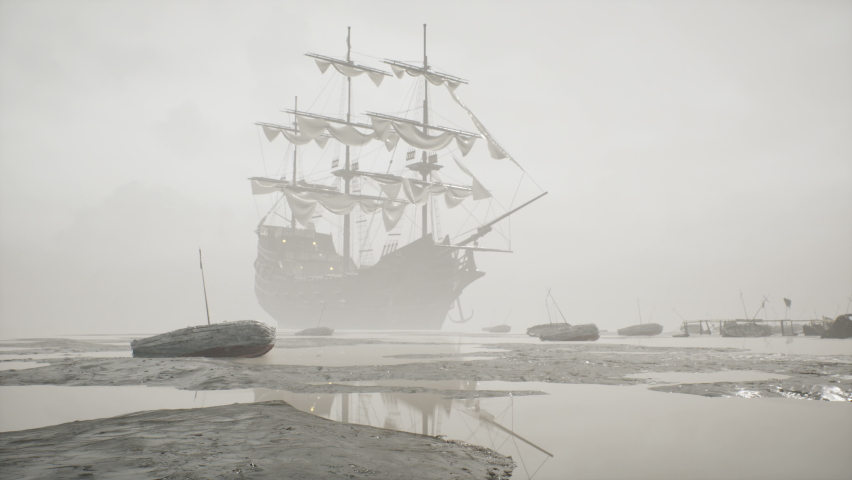 A medieval old ship moored off a deserted, misty island. The concept of maritime adventure in the Middle Ages. The animation is ideal for historical, educational, pirate and adventure backgrounds. Royalty-Free Stock Footage #1078347011