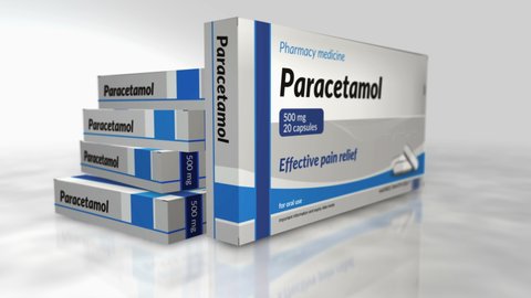 Paracetamol pain relief tablets box. Emergency painkiller, headache analgesic and help medical pills pack. Abstract concept rendering animation. 3D view with the camera moving around.