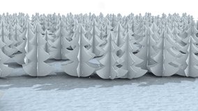 Animation of snow and santa claus hats falling over white trees in forest. christmas, tradition and celebration concept digitally generated video.