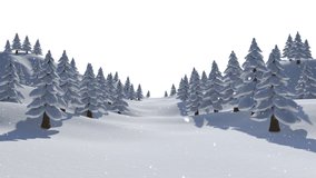 Animation of falling snow over trees on white background. christmas, tradition and celebration concept digitally generated video.