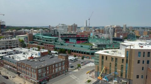 Boston , Massachusetts , United States - 08 01 2021: Aerial Establishing Shot of Fenway Park, Home of the Boston Red Sox MLB Baseball Team