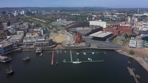 Aerial over Cardiff Bay, Pierhead building and Welsh Assembley (Seneddd) Wales, United Kingdom