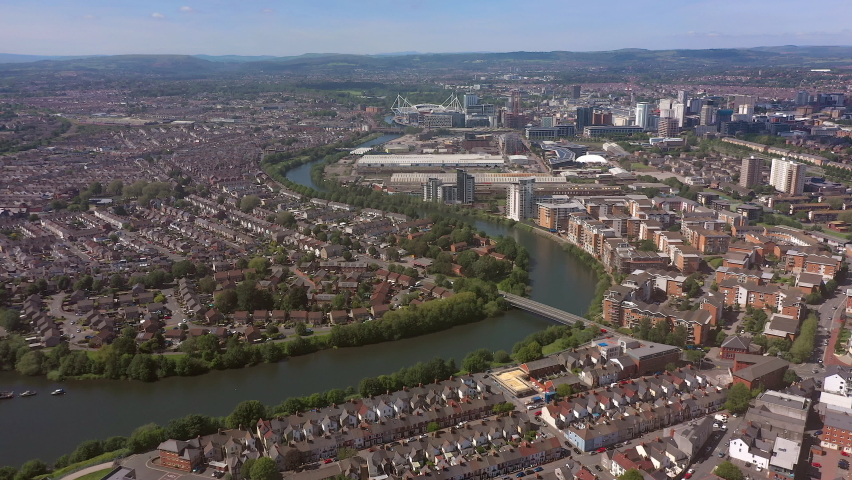 Aerial over the river Taff and Cardiff city, Cardiff, South Glamorgan, Wales, United Kingdom Royalty-Free Stock Footage #1078364492