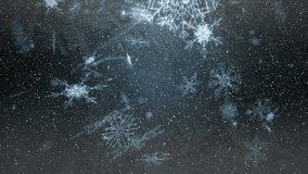 Animation of snow falling and glowing lights on grey background. christmas, tradition and celebration concept digitally generated video.