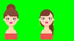 Cute smart girl speaking with balloon chat. Two modern women communicate. animation video on green background.
