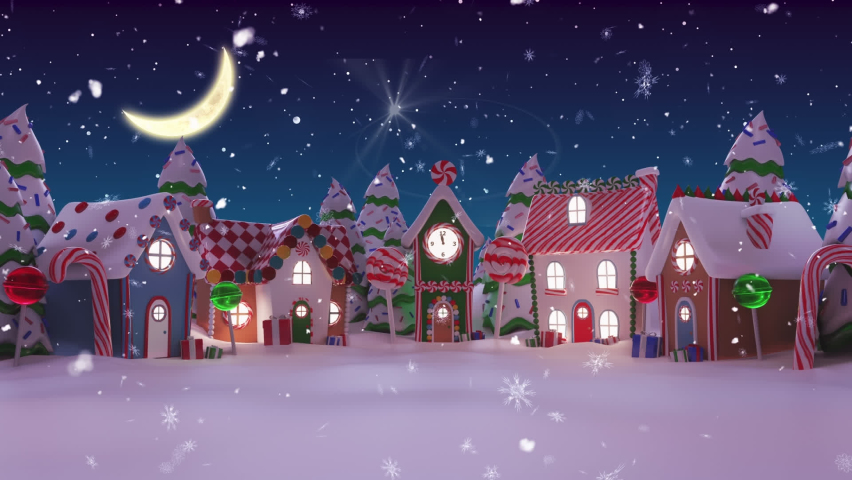 Animation of snow falling over winter scenery with houses and moon. christmas, tradition and celebration concept digitally generated video.