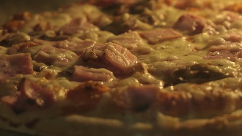 Time Lapse Cheese Pizza Cooking in Oven. Cheese on Pizza Melting Close Up. Closeup Cook Frozen Pizza In Oven Timelapse. Fast Food Unhealthy Diet Cholesterol. Fast Making Food Home In Electric Furnace.