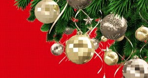 Animation of snow falling over christmas baubles and fir tree decoration on red reindeer background. christmas, tradition and celebration concept digitally generated video.