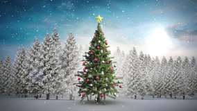 Animation of merry christmas text over christmas tree and winter landscape. christmas, tradition and celebration concept digitally generated video.