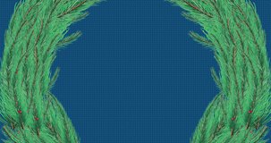 Animation of snow falling over christmas wreath decoration on blue background. christmas, tradition and celebration concept digitally generated video.
