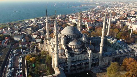 Aerial view of blue mosque shot in Istanbul