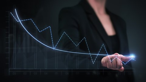 Female Hand Drawing A Bright Arrow Showing Decreasing Earnings. Economic Collapse, Downward Trend, Business Crash. 
Businesswoman Drawing A Descending Financial Chart. Touchscreen.