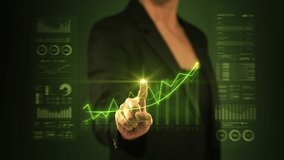 Female Hand Touching A Virtual Screen With Augmented Reality Computer Icons. Businesswoman Working On Holographic Interface. Economy.  Financial Diagrams Appearing. Futuristic Technology. - Powered by Shutterstock - Get 15% off with code: PIKWIZARD15