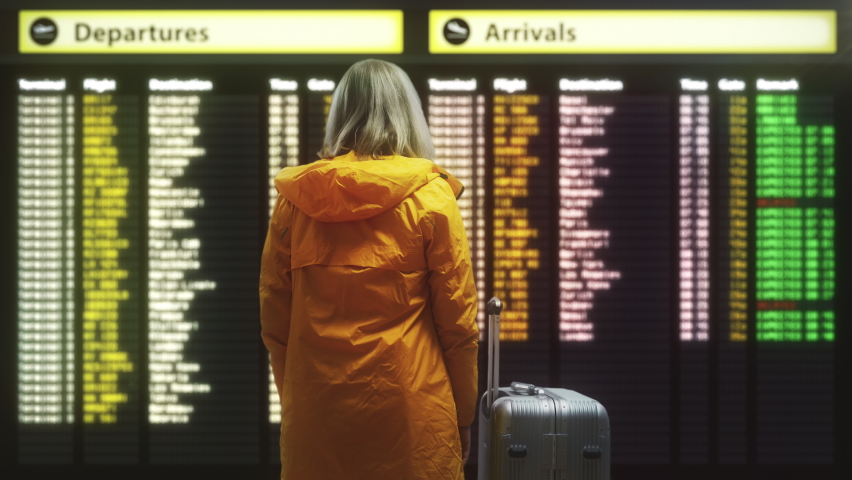 Shocked woman holds her head as flights become canceled on airport board Royalty-Free Stock Footage #1078387877
