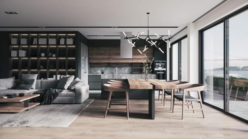 Contemporary interior design of the living room. Stylish interior of the Kitchen-living room. 3d visualization | Shutterstock HD Video #1078391987