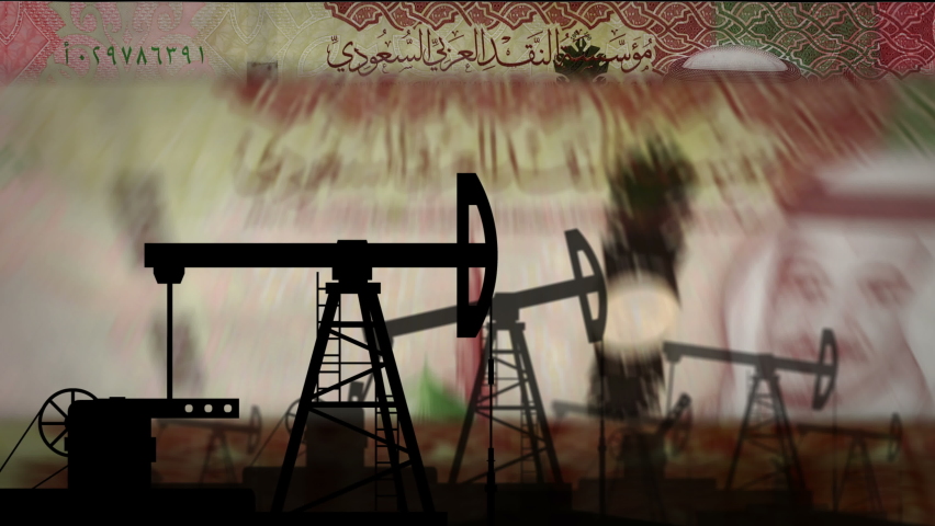 Saudi Arabia Riyal money counting machine with oil pump. Petroleum rig and fuel business with banknotes count. Economy abstract concept background illustration loopable and seamless. Royalty-Free Stock Footage #1078395869