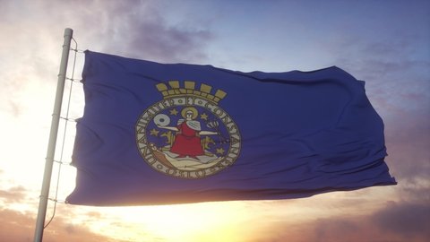 Flag of Oslo, Norway waving in the wind, sky and sun background