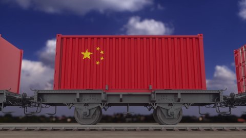 Train and containers with the flag of China. Railway transportation. Seamless loop 4K
