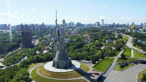Kyiv, Ukraine. June 15, 2021. Aerial view of the Mother Motherland monument in Kiev. Historical sights of Ukraine. Beautiful scenic view of Kyiv.