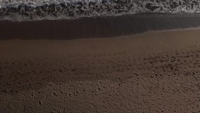 Top aerial view of ocean waves and beach. Dog walking on the beach. Drone video