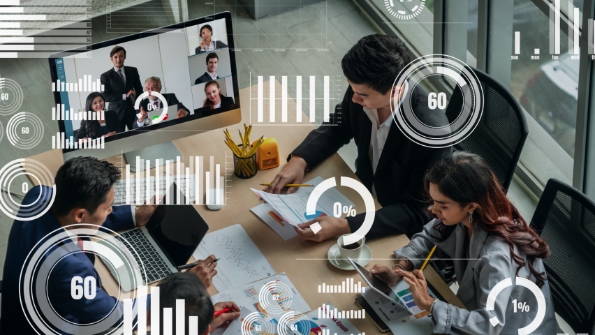 Creative visual of business people in a corporate staff meeting on video call . Concept of digital technology for marketing data analysis and investment decision making . | Shutterstock HD Video #1078408931