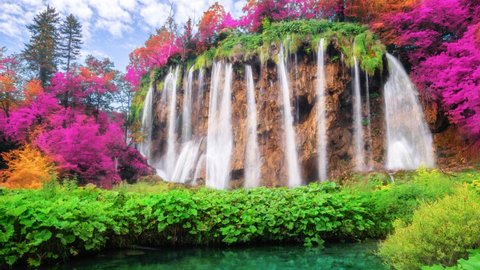 Seamless Loop Cinemagraph video of waterfall landscape in Plitvice Lakes Croatia, fantasy foliage color . Tranquil nature scenery for relaxation landscape background .