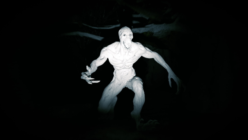 Furious Monster Run in Motion Graphics Animation. Scary Person Running Away from Zombie in Dark Haunted Woods. Fiction Fantasy of Mad Looking Face Death. Light in Black Horror Scene Chasing in POV