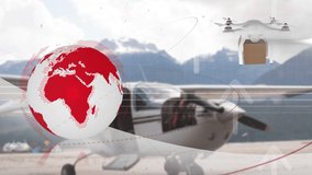 Animation of network of connections over drone with parcel over airport apron. global shipping, business, digital interface, technology and networking concept digitally generated video. - Powered by Shutterstock - Get 15% off with code: PIKWIZARD15