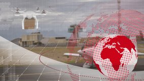 Animation of network of connections over drone with parcel over airport apron. global shipping, business, digital interface, technology and networking concept digitally generated video.