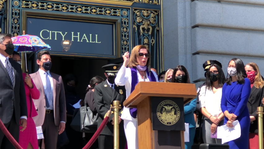 San Francisco, CA - Aug 26, 2021:4K HD video Nancy Pelosi, speaking at Women’s Equality Day voting event, encouraging all women to vote at every election. Women in leadership in San Francisco